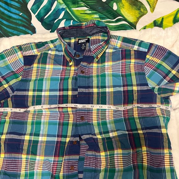 Lands’ End Mens M Green Blue Preppy Outdoor Spring Summer Vacation Plaid Shirt - Picture 10 of 11